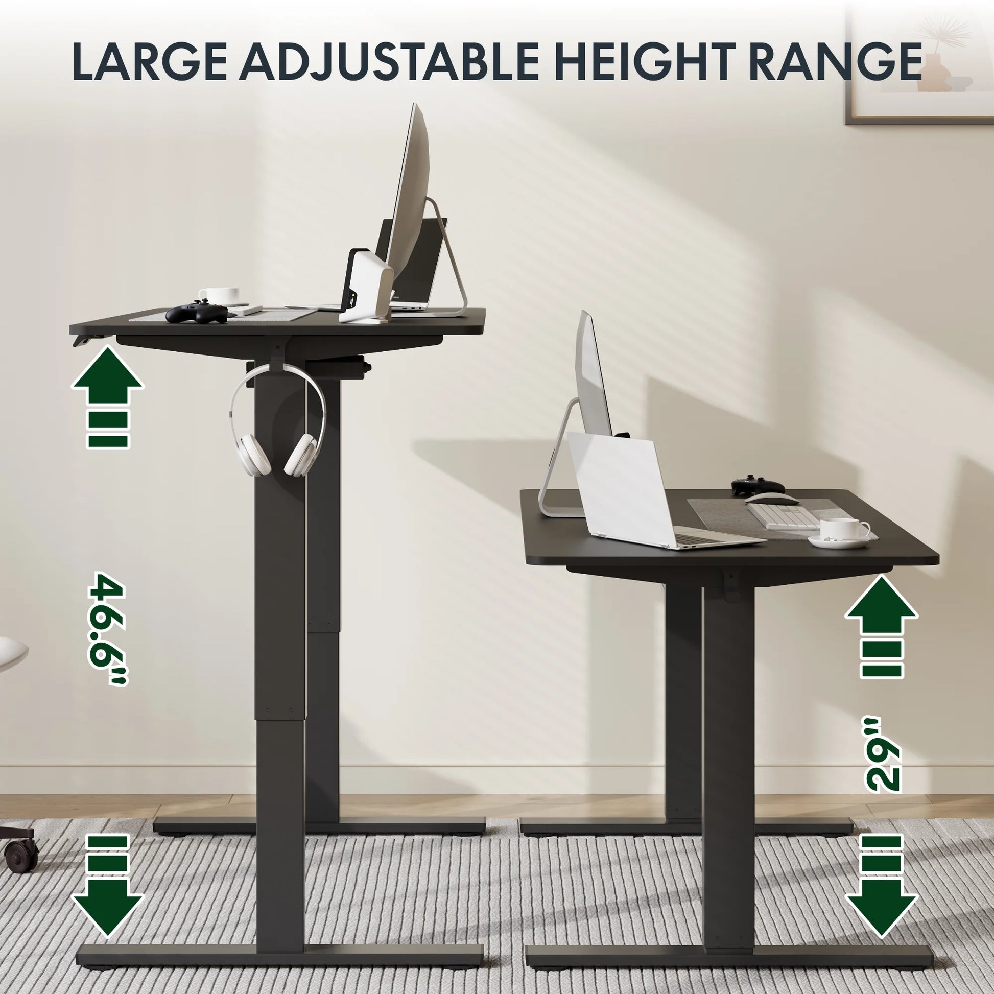 48"X24" Whole-Piece Desktop Height Adjustable Standing Desk Black Ergonomic Home Office Computer Desk with 2 Hooks