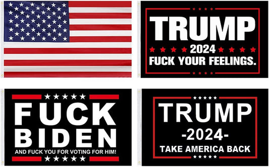 Trump 2024 Flag Fuck Biden Flag 3X5 Ft Take America Back Flag Fuck Your Feelings Flag America Back Flag Double Stitch around the Edge with Two Brass Buttonholes 4 Patterns (Trump 4 Patterns)