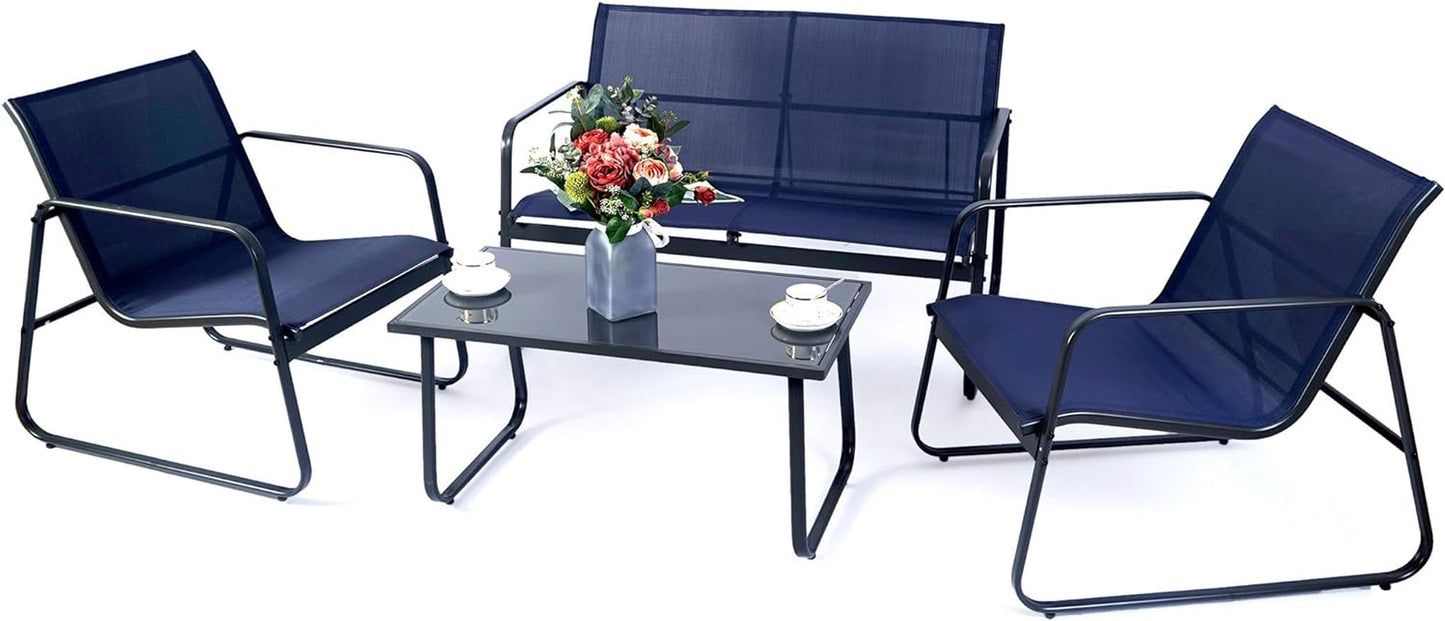 Sofia 4 Pieces Patio/Outdoor Conversation Set with Strong Powder Coated Metal Frame, Breathable Textilence, Includes One Love Seat, Two Chairs and One Table (Navy Blue)