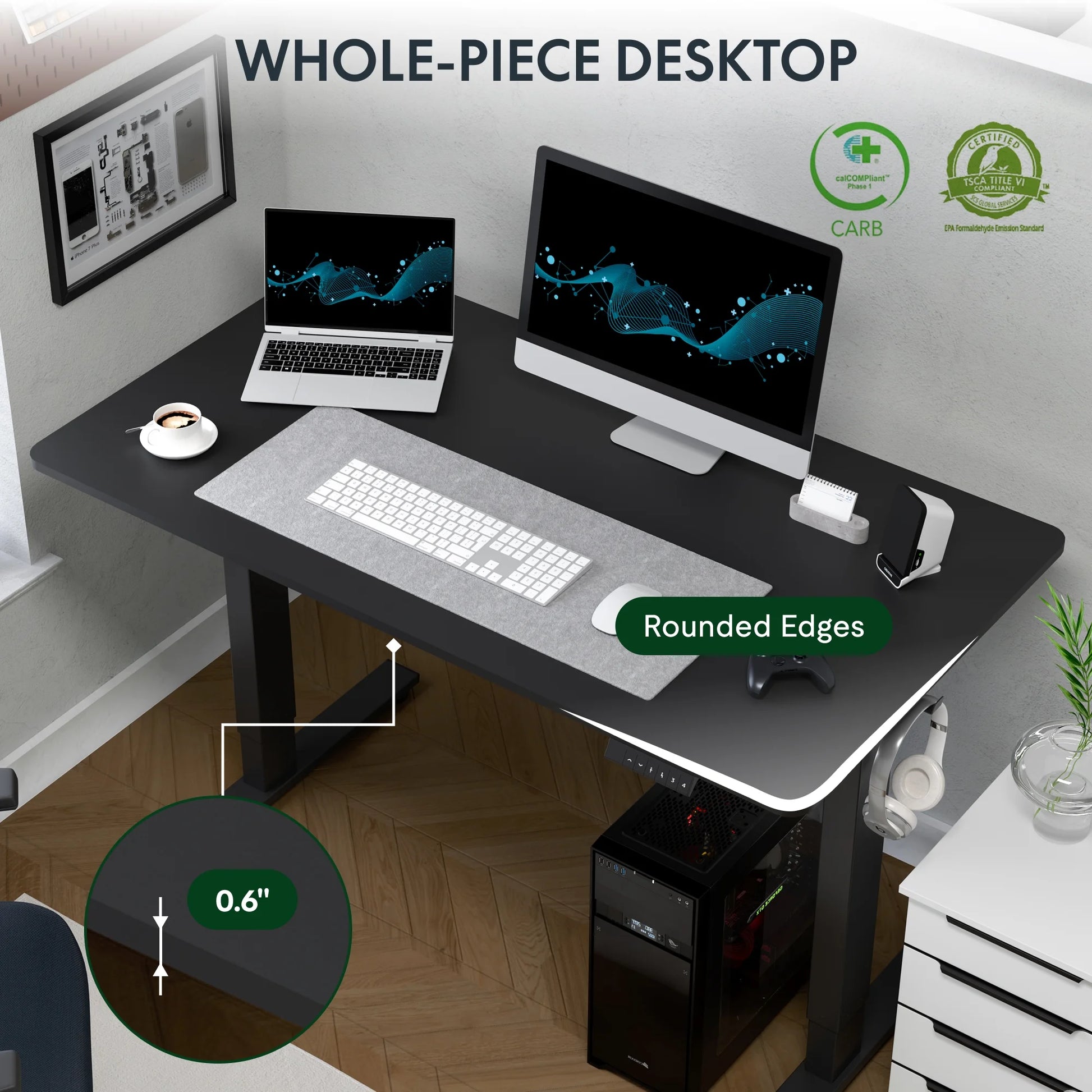 48"X24" Whole-Piece Desktop Height Adjustable Standing Desk Black Ergonomic Home Office Computer Desk with 2 Hooks